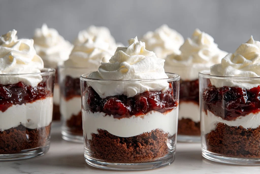 Layering process of Black Forest Cake Cups with cake, cream, and cherries