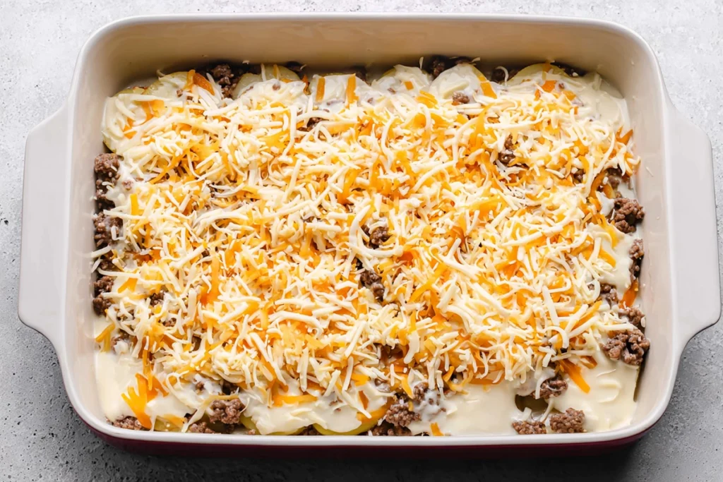Layering potatoes, beef, and sauce for Hobo Casserole before baking