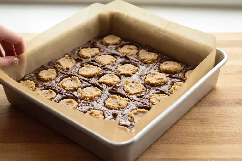 Assembling Peanut Butter Cup Cookie Brownies with layered batter and peanut butter cups