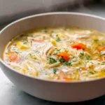 photorealistic bowl of lemon chicken orzo soup with fresh herbs in modern kitchen