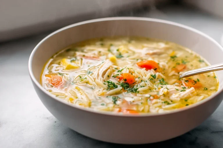 photorealistic bowl of lemon chicken orzo soup with fresh herbs in modern kitchen