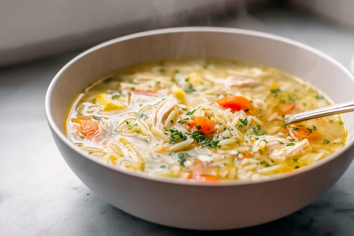 photorealistic bowl of lemon chicken orzo soup with fresh herbs in modern kitchen