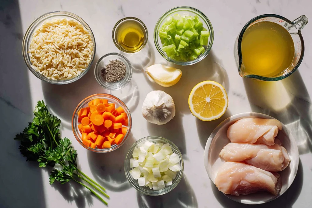 Ingredients for Lemon Chicken Orzo Soup arranged on a kitchen counter