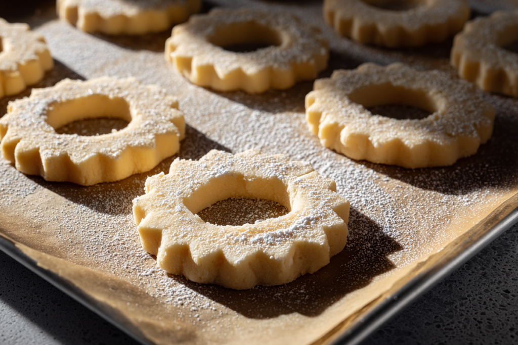 Chilled Linzer cookie cutouts ready for baking on parchment paper