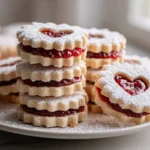Linzer cookies dusted with powdered sugar and filled with raspberry jam