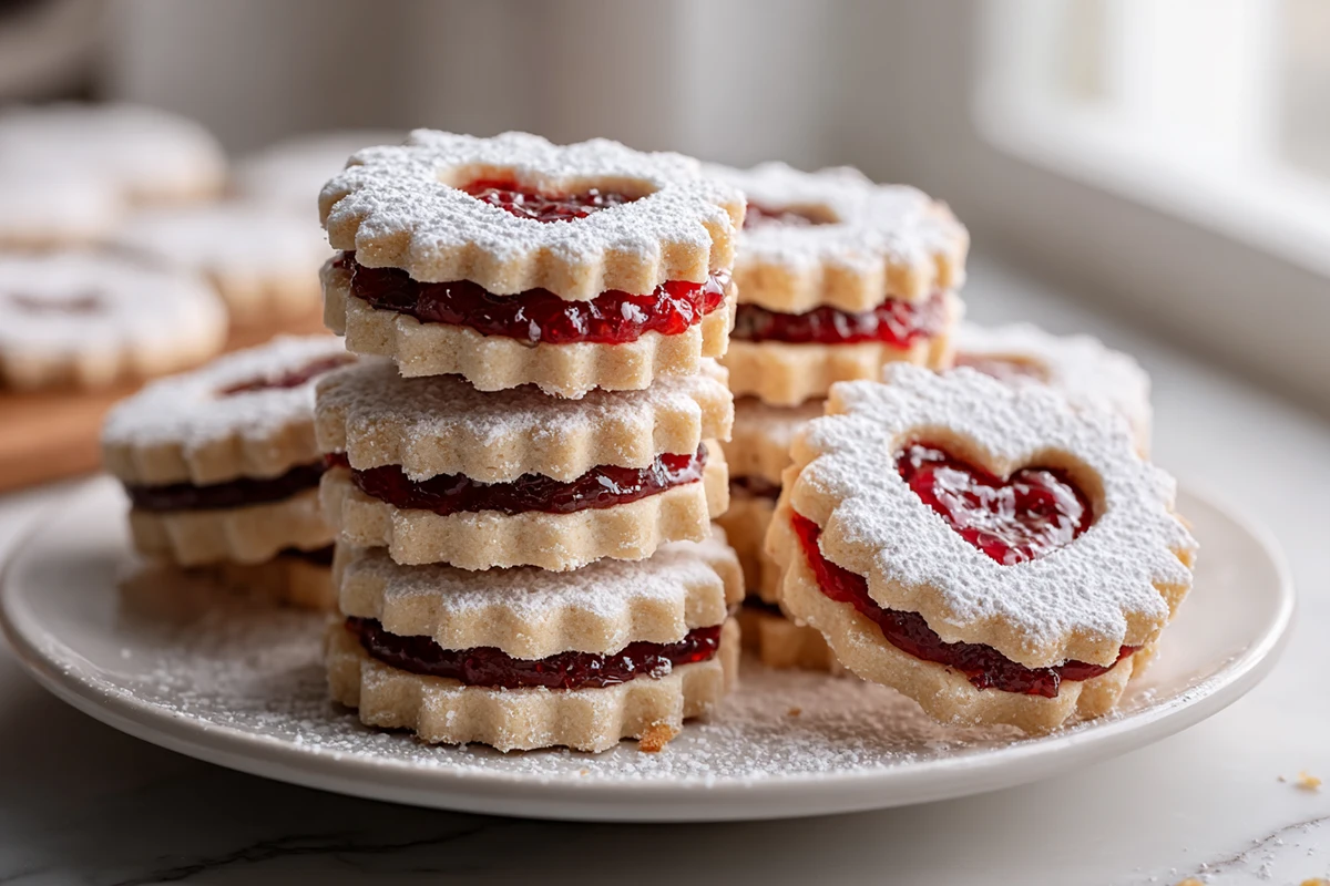 Linzer cookies dusted with powdered sugar and filled with raspberry jam