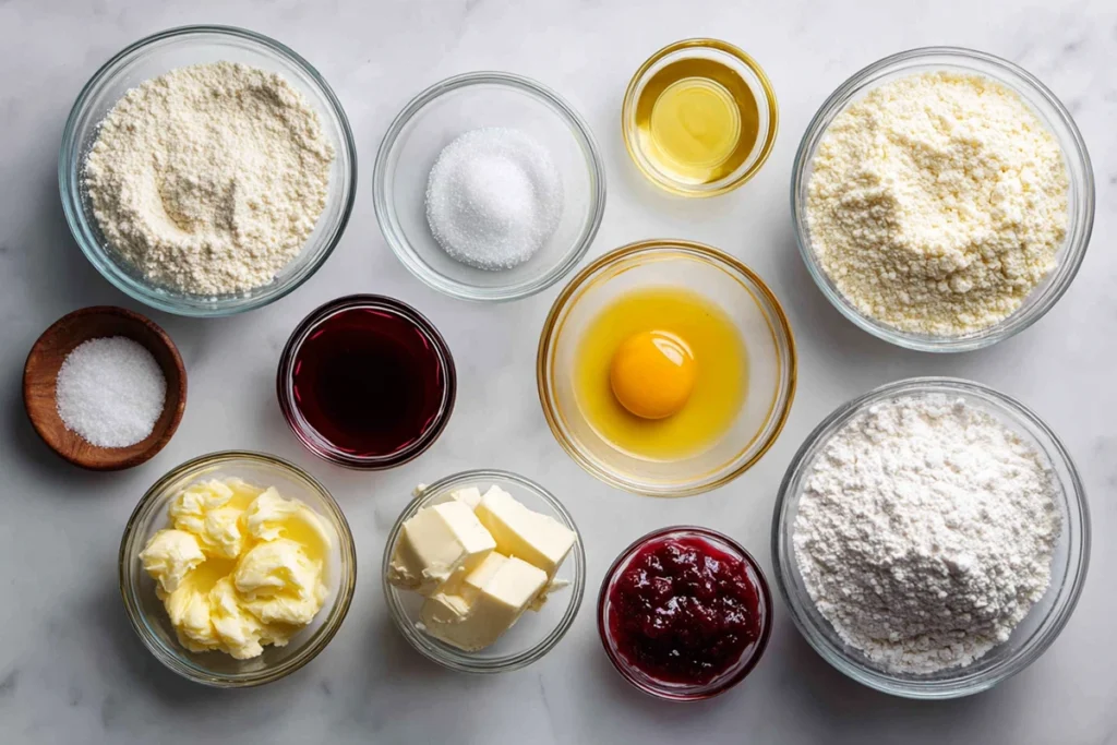 Ingredients for Linzer cookies arranged in glass bowls on a white countertop