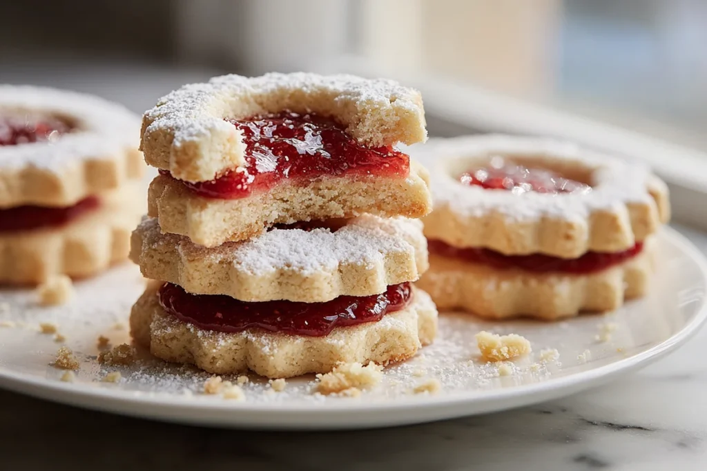 Inside view of Linzer cookies showing tender almond crumb and jam filling
