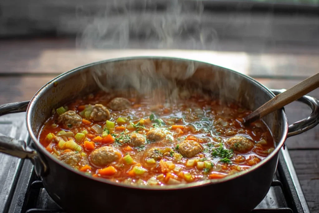 simmering broth step image for meatball soup with vegetables