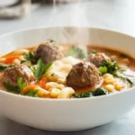 photorealistic meatball soup hero image in modern kitchen