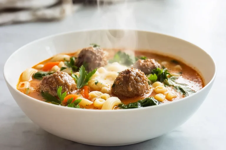 photorealistic meatball soup hero image in modern kitchen