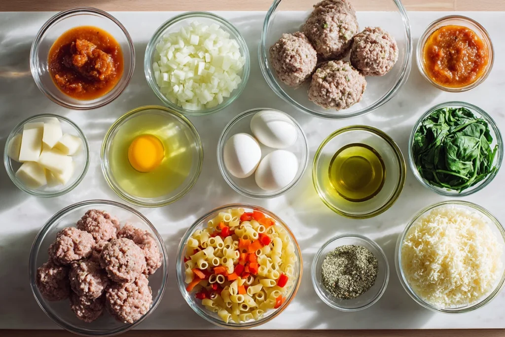 Ingredients for homemade Meatball Soup arranged in glass bowls on a kitchen counter