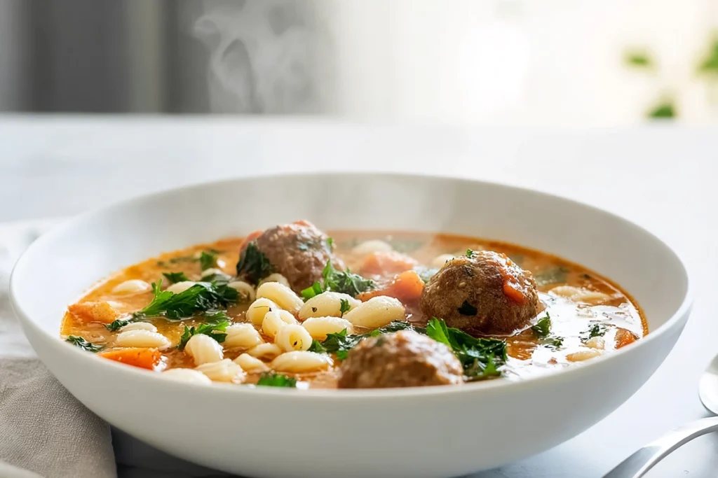serving meatball soup into bowl in a modern kitchen setting