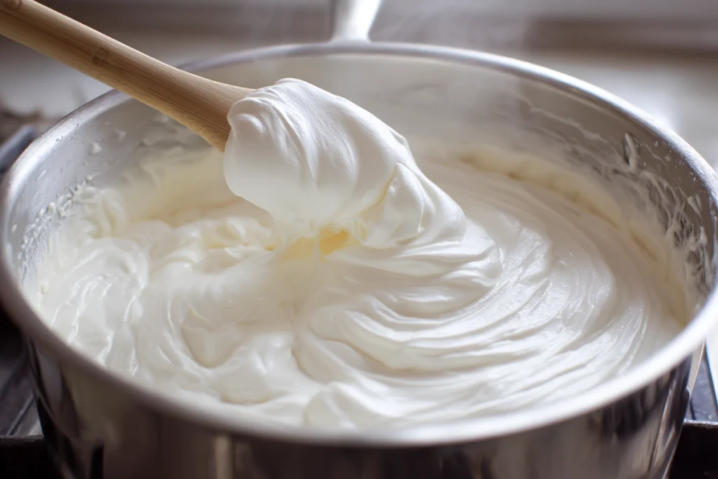 Melted marshmallows for Football Rice Krispie Treats in a pot