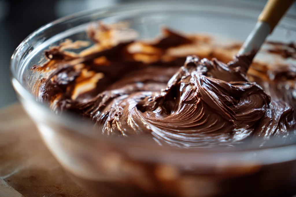 Mixing brownie batter for Peanut Butter Cup Cookie Brownies in a glass bowl