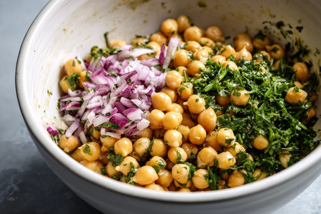 Mixing chickpeas and herbs for Chickpea Feta Avocado Salad
