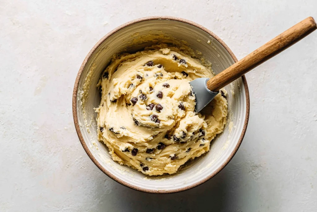 Mixing edible cookie dough for Cookie Dough Pretzel Bites