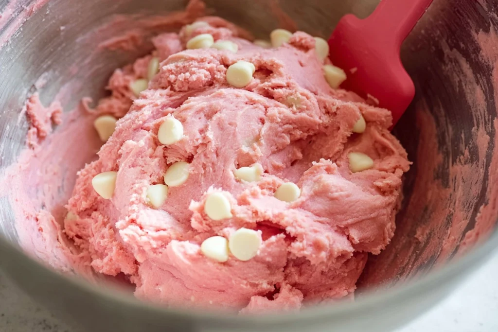 Pink White Chocolate Sugar Cookies dough being mixed in a glass bowl