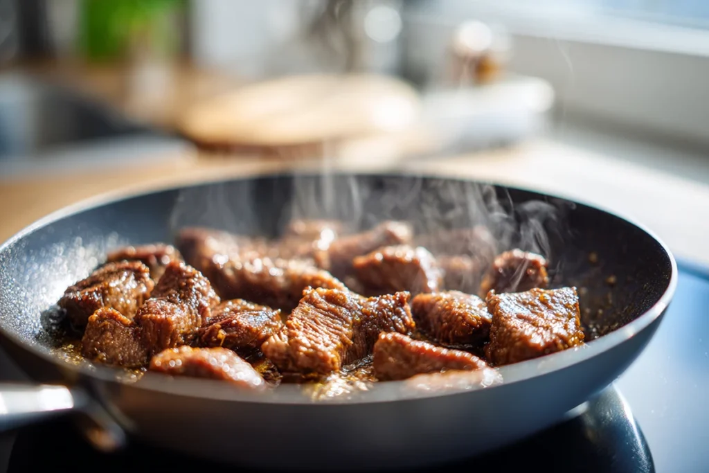 Mongolian Beef browning quickly in a hot skillet