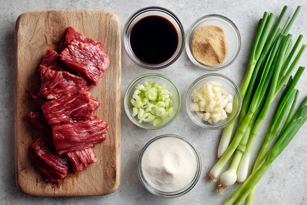Ingredients for Mongolian Beef arranged overhead on a kitchen counter