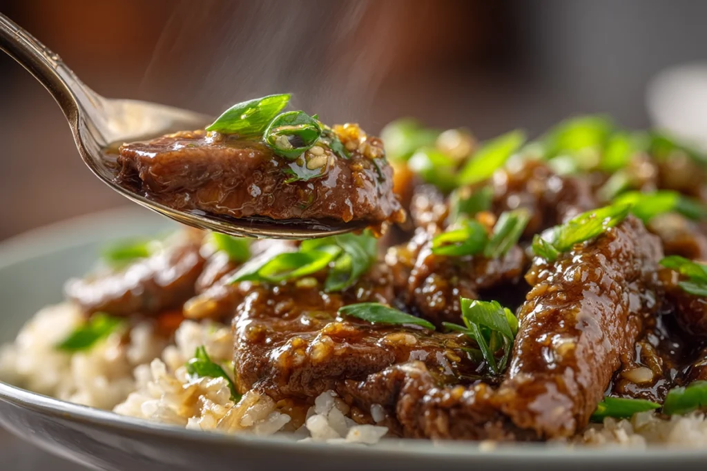 Serving spoon lifting Mongolian Beef with sauce and rice