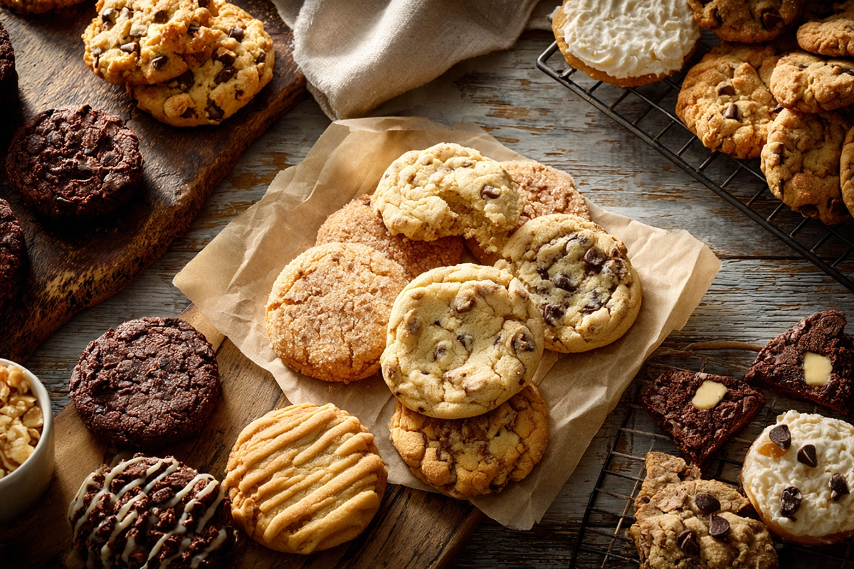an assortment of homemade cookies for National Cookie Day arranged on a rustic kitchen surface.