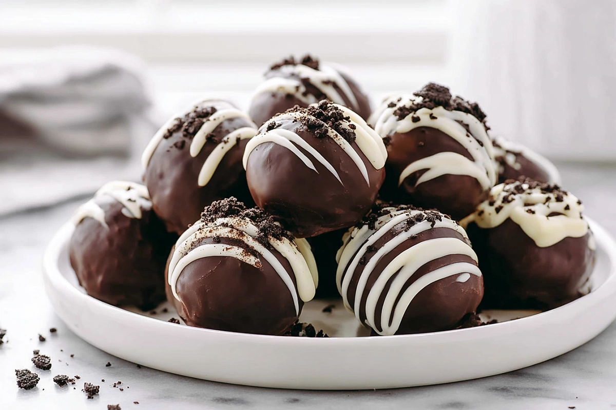 No-Bake Oreo Balls coated in chocolate on a modern plate