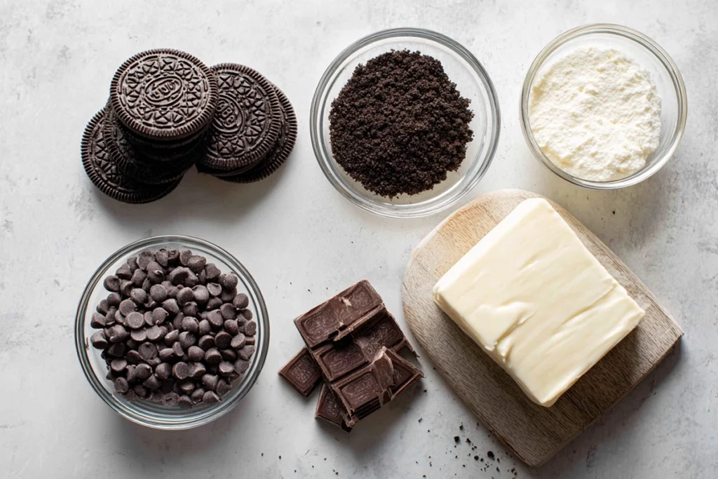 Ingredients for No-Bake Oreo Balls arranged on a countertop