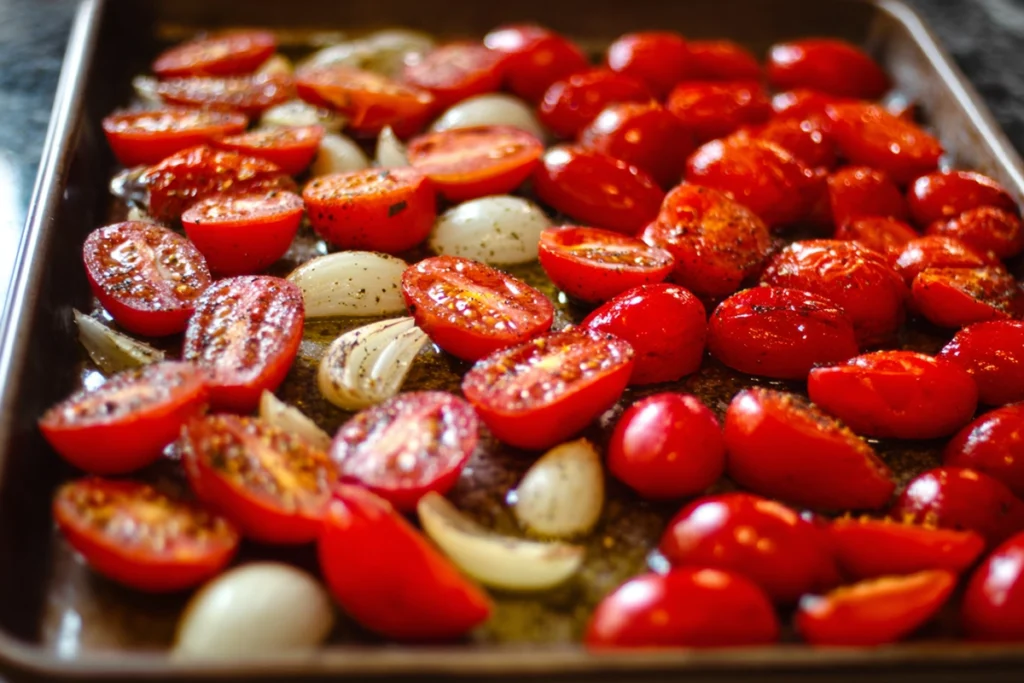 roasted tomato basil soup step image showing tomatoes and vegetables prepared for roasting