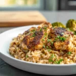 Photorealistic hero shot of one pot chicken and rice served in a modern kitchen