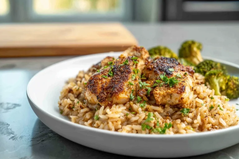 Photorealistic hero shot of one pot chicken and rice served in a modern kitchen