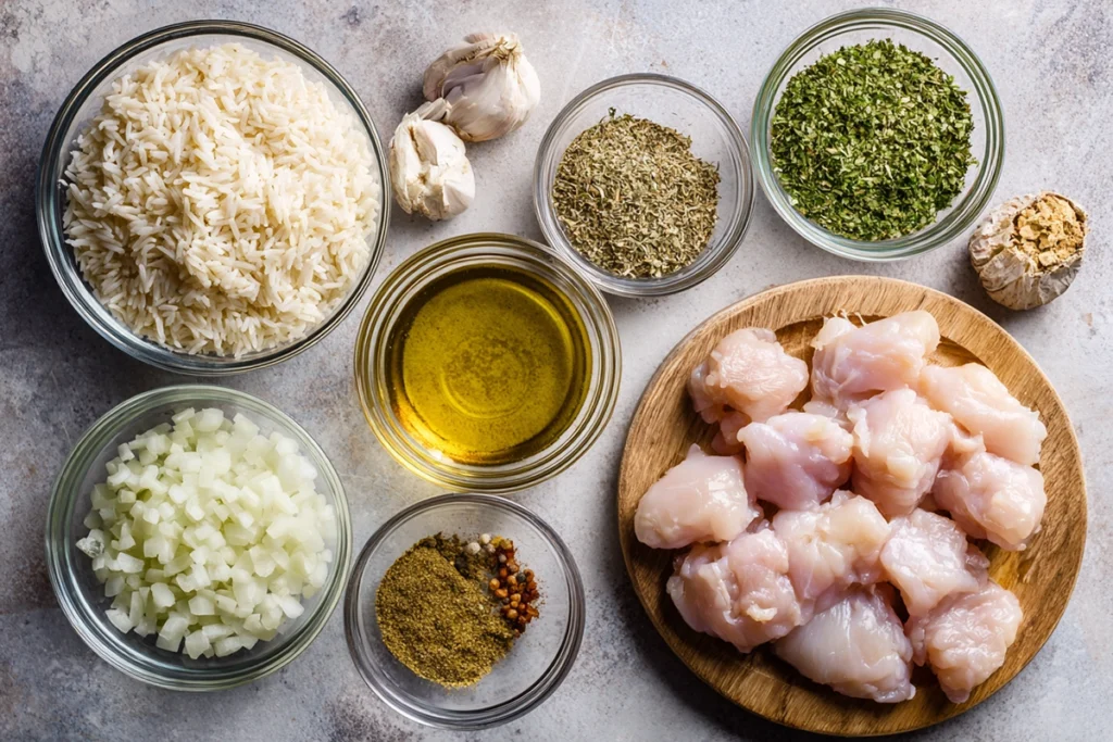 Overhead photo of ingredients for one-pot chicken and rice arranged neatly in bowls