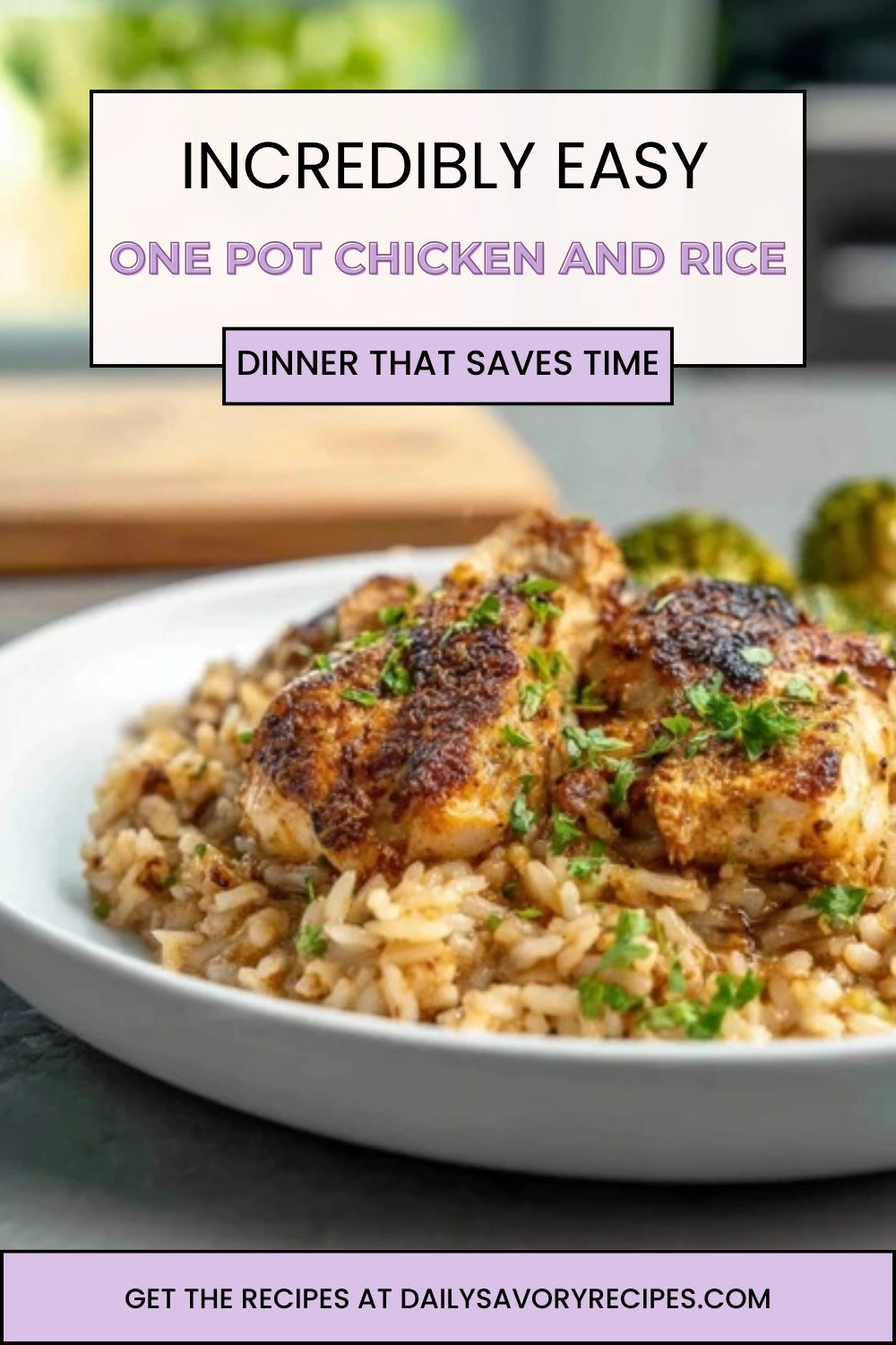 One Pot Chicken and Rice That Delivers Cozy, Foolproof Comfort 32 Pinterest vertical image featuring one pot chicken and rice served in a modern kitchen