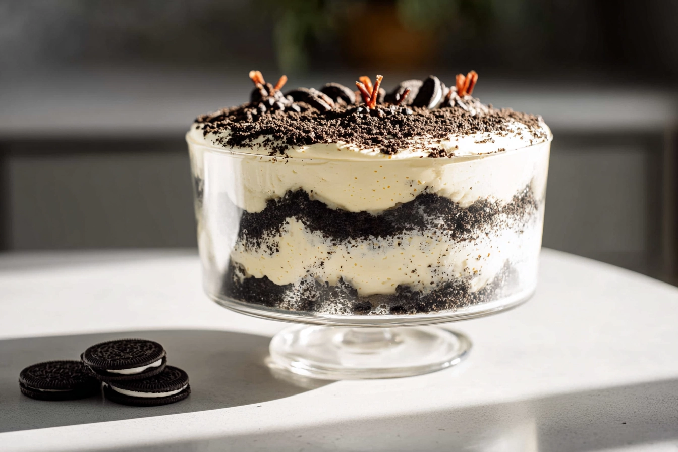 photorealistic OREO Dirt Cake hero shot in modern kitchen