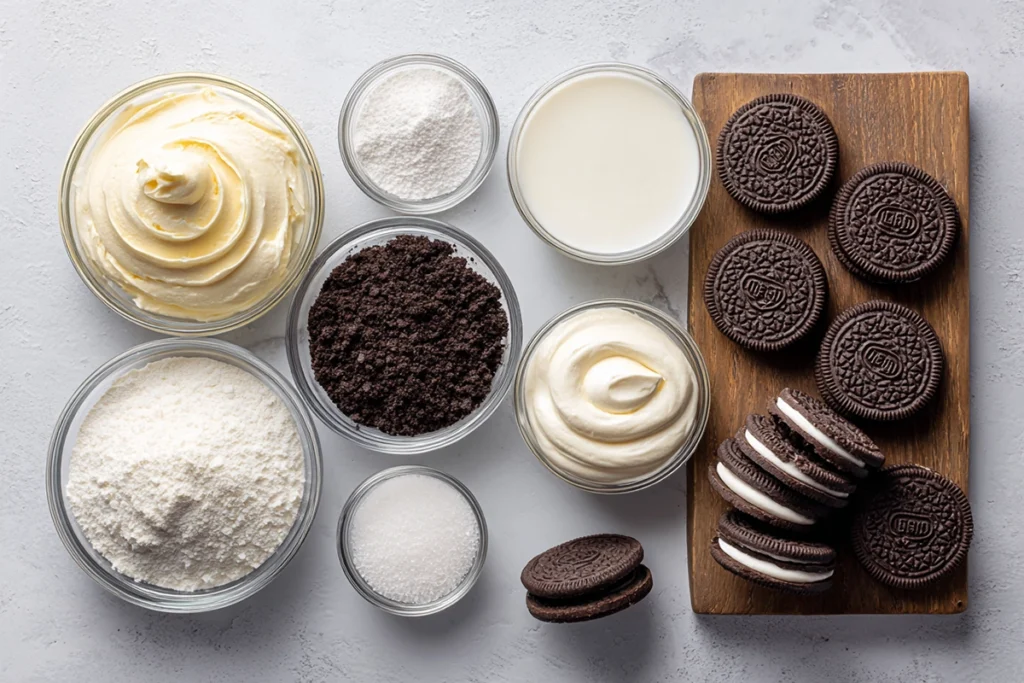 overhead photo of OREO Dirt Cake ingredients arranged neatly