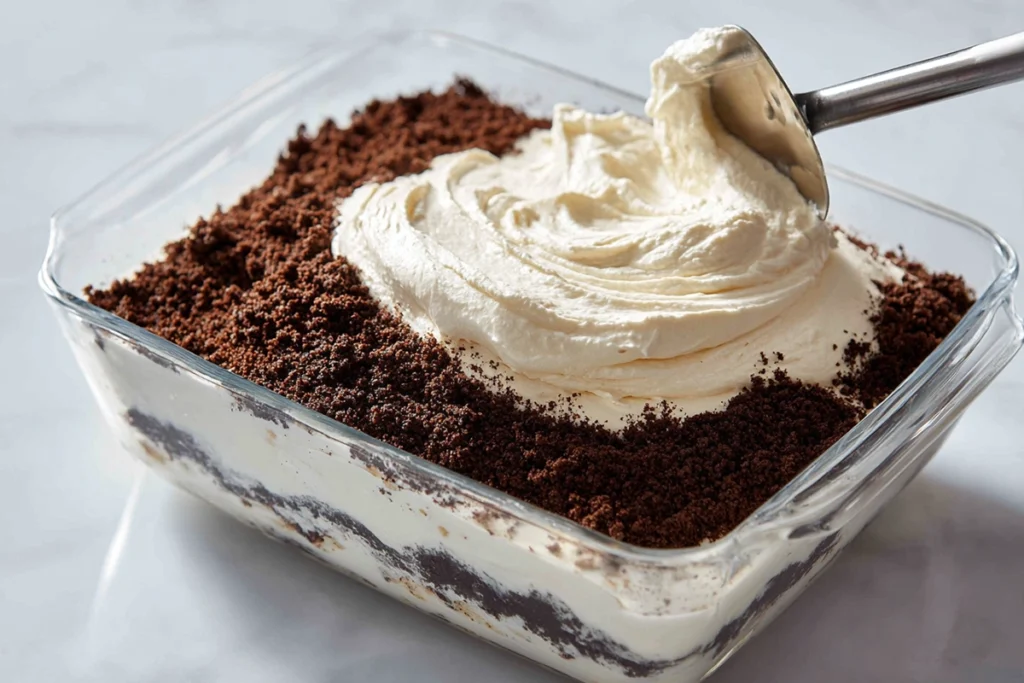 layering pudding mixture for OREO Dirt Cake in glass dish