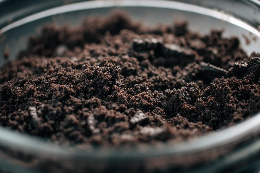 close-up of crushed OREOs for OREO Dirt Cake recipe