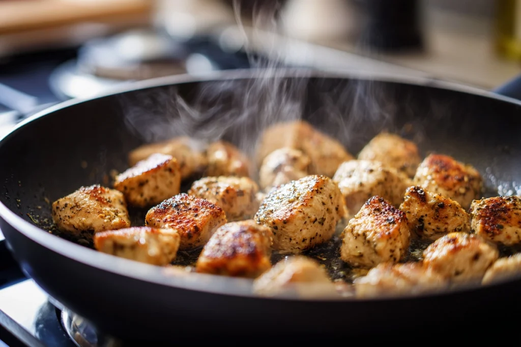 roasted sweet potatoes cooking in the oven for chicken sweet potato bowls