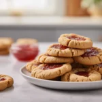 Hero shot of peanut butter and jelly cookies on a modern kitchen counter