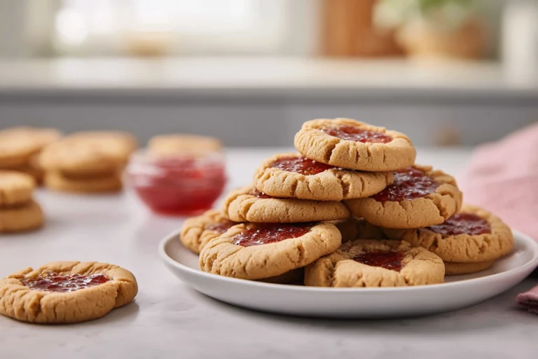 Hero shot of peanut butter and jelly cookies on a modern kitchen counter