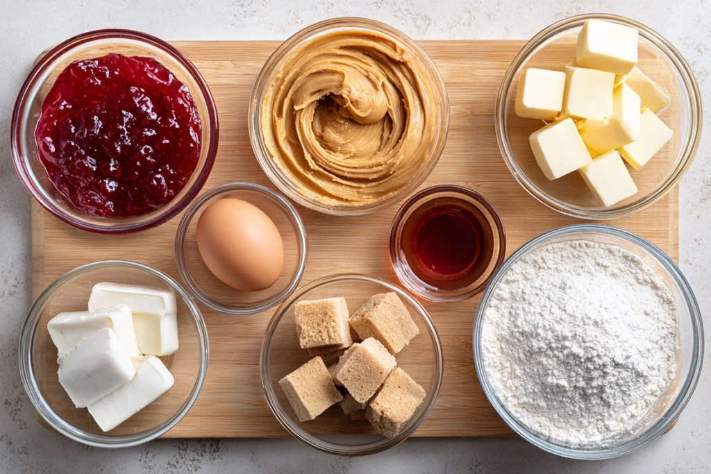 Overhead photo of peanut butter and jelly cookies ingredients arranged neatly