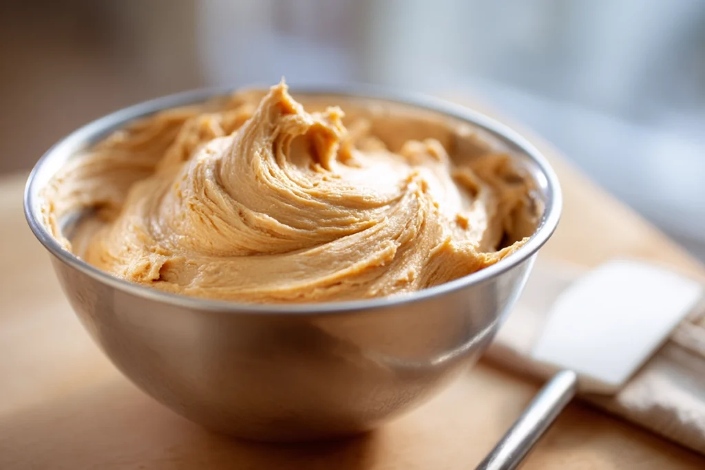Mixing peanut butter and jelly cookie dough in a stainless steel bowl