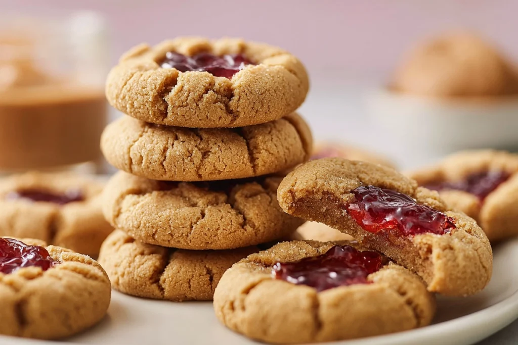 Serving platter of peanut butter and jelly cookies with one cookie broken open
