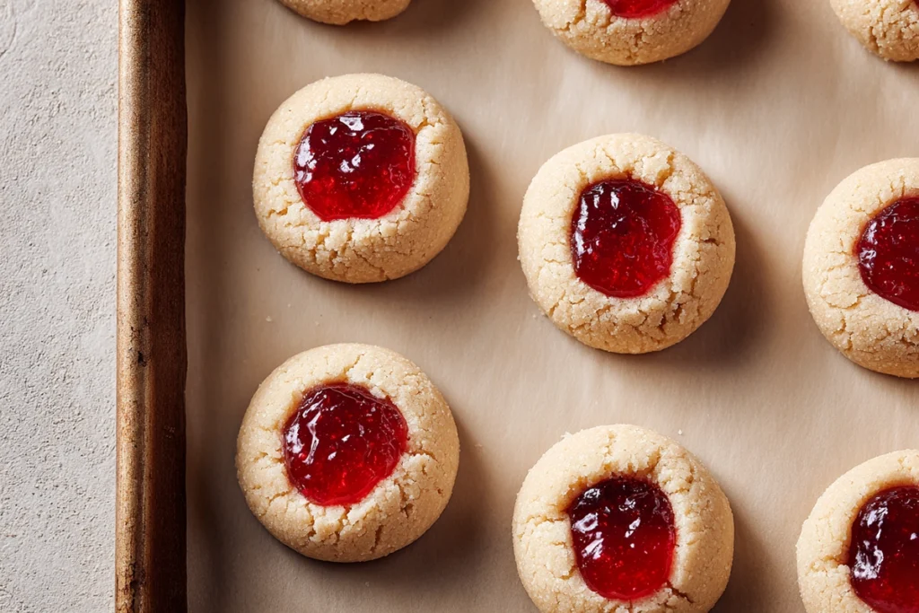 Overhead view of shaping peanut butter and jelly cookie dough with jam centers