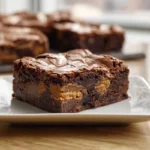Hero shot of Peanut Butter Cup Cookie Brownies on modern kitchen counter