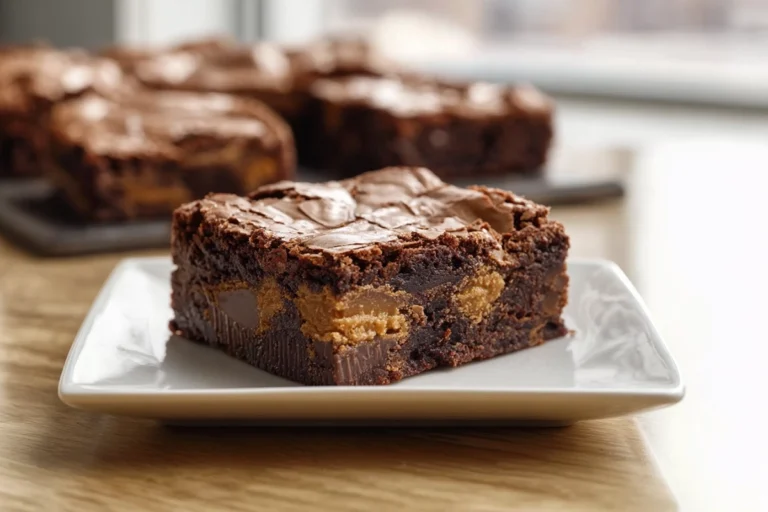 Hero shot of Peanut Butter Cup Cookie Brownies on modern kitchen counter