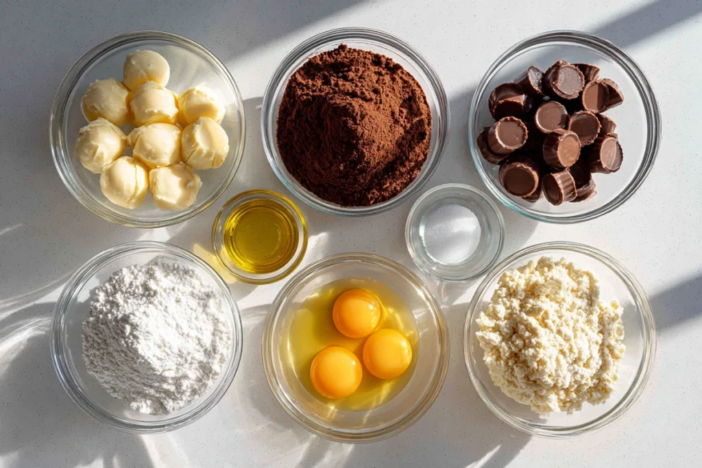Ingredients for Peanut Butter Cup Cookie Brownies arranged on a kitchen counter