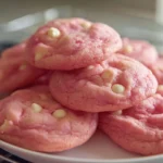 Pink White Chocolate Sugar Cookies stacked on a white plate in a bright home kitchen