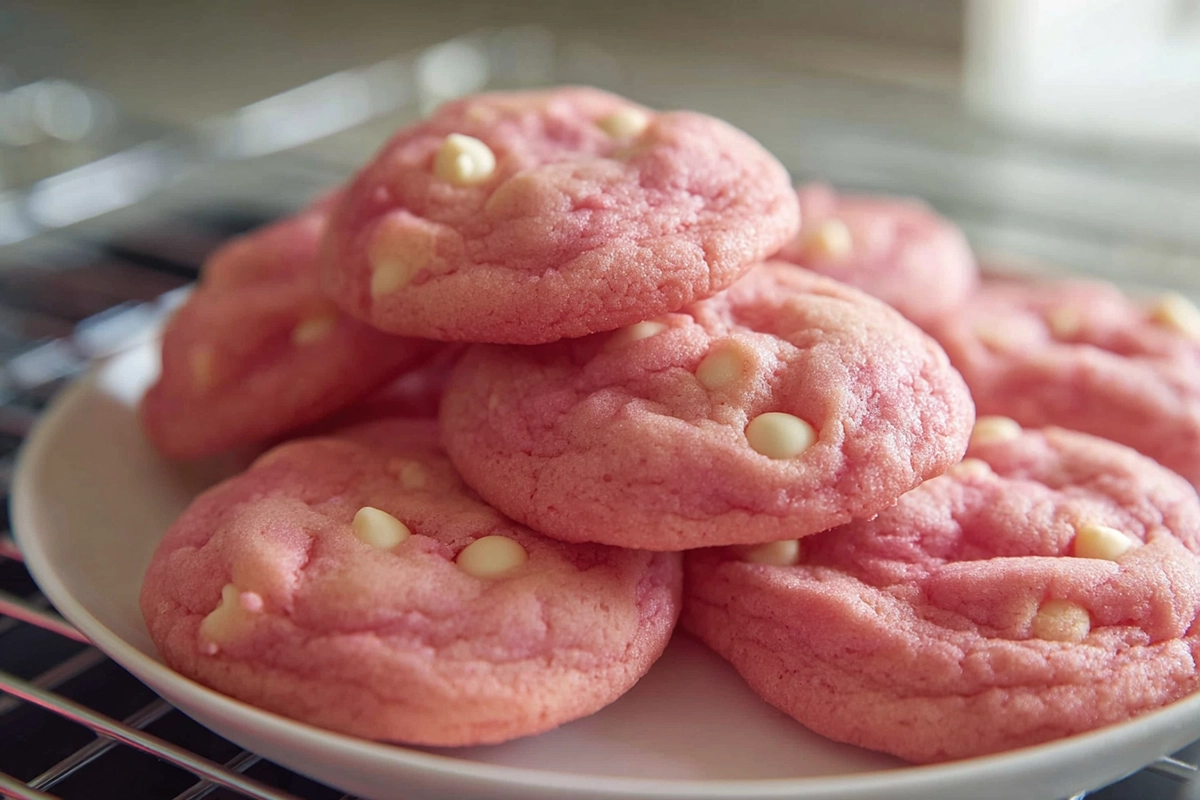 Pink White Chocolate Sugar Cookies stacked on a white plate in a bright home kitchen