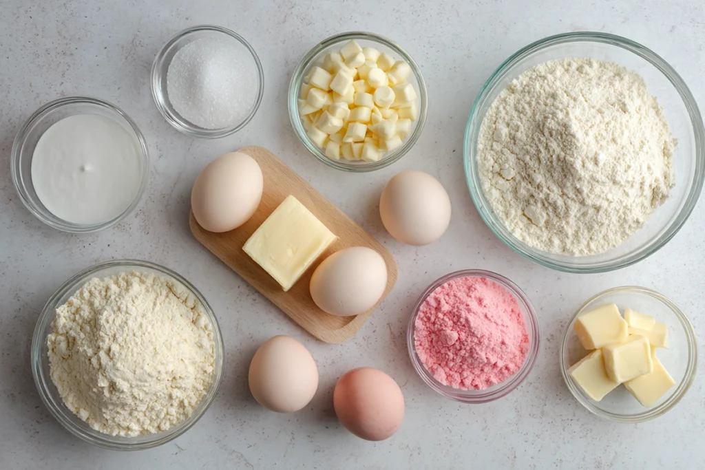Ingredients for Pink White Chocolate Sugar Cookies arranged neatly on a kitchen counter